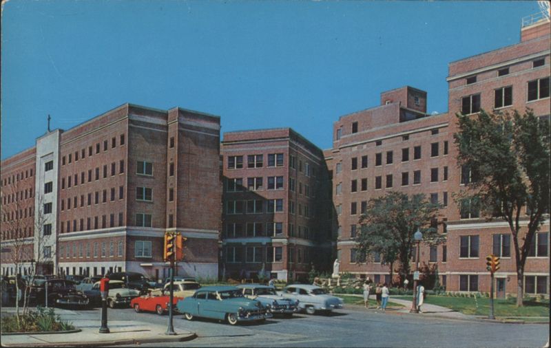 St. John's Hospital with Mid-Century Cars and Statue Tulsa Oklahoma