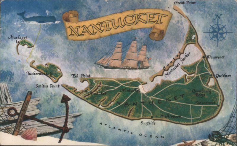 Illustrated Map of Nantucket Island with Nautical Theme Massachusetts