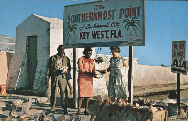 Southernmost Point Sign and Conch Shell Vendors Key West Florida