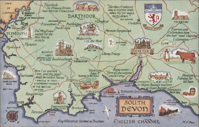 Pictorial Map of South Devon and English Channel United Kingdom
