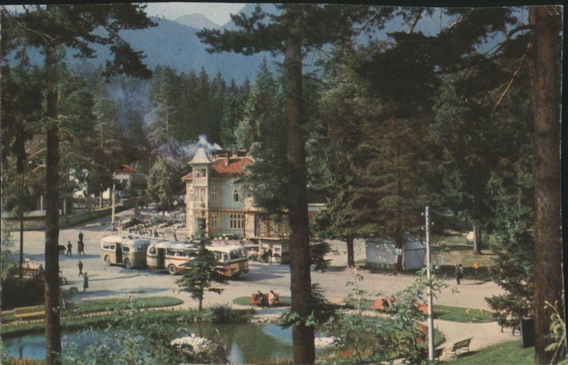 Borovets Mountain Resort View with Buses and Fountain Bulgaria