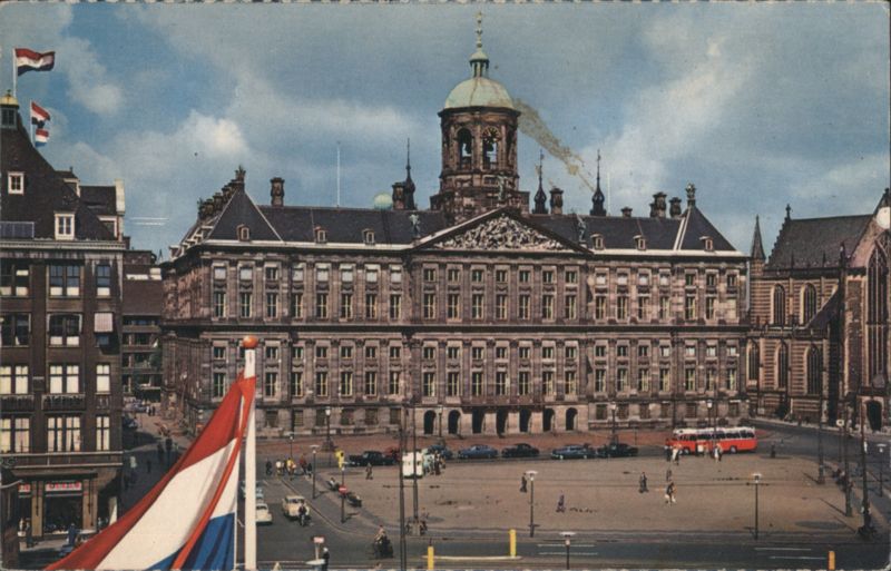Royal Palace and Dam Square with Vintage Vehicles Amsterdam Netherlands