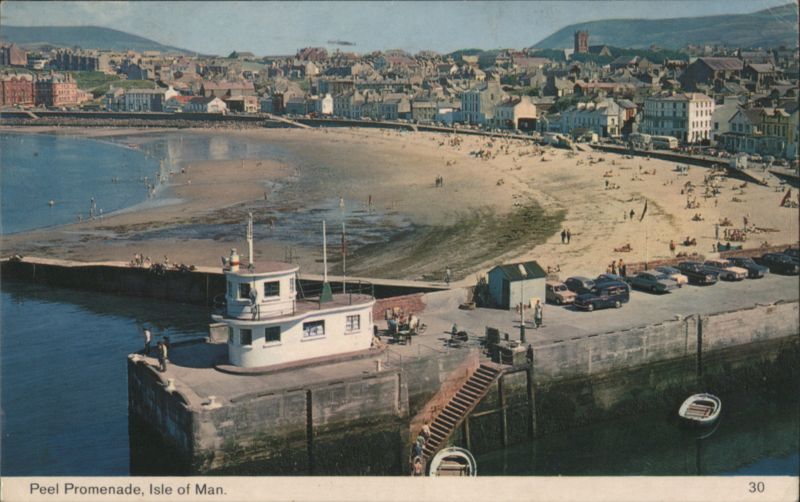 Peel Promenade and Beach with Harbor Building Isle of Man