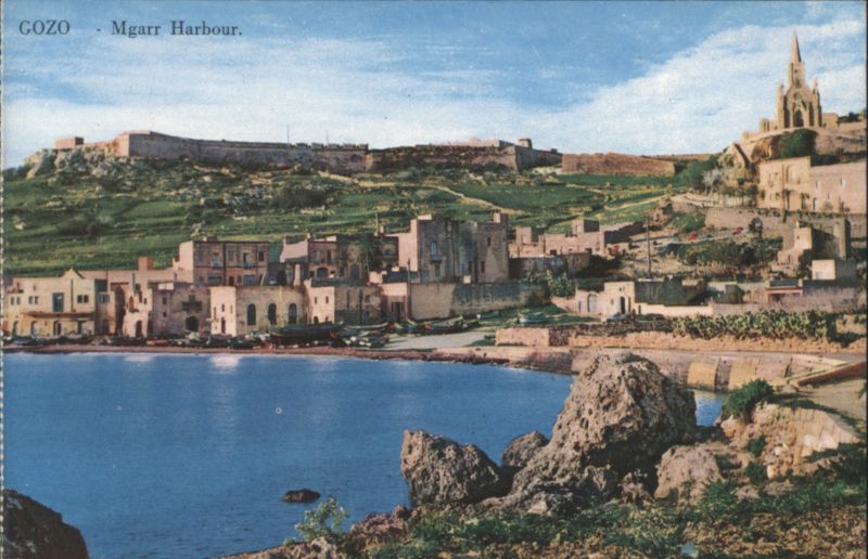 Mgarr Harbour with Fort Chambray and Lourdes Chapel Malta