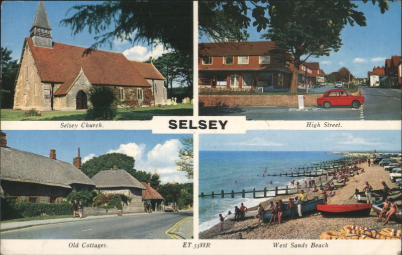 Selsey Church, High Street, Old Cottages & West Sands Beach Sussex United Kingdom