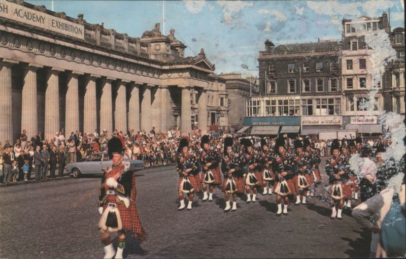 Pipes and Drums Marching Past Royal Scottish Academy Edinburgh Scotland