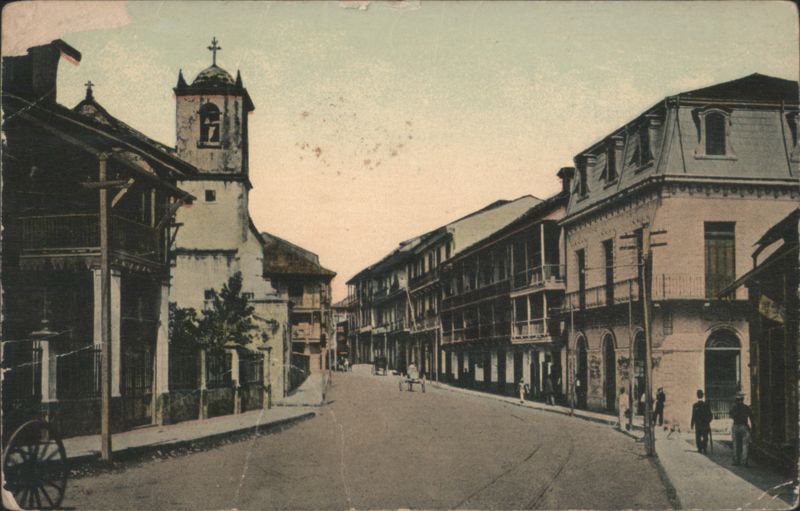Street Scene with Church and Bell Tower Colon Panama