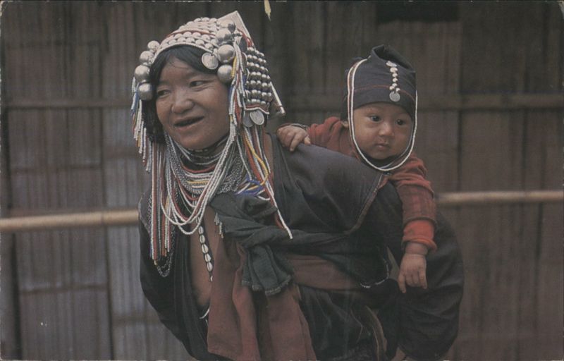 Akha Woman & Child Thailand Chrome Postcard Headdress