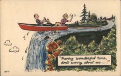 "Having Wonderful Time" Comic Canoe Waterfall Scene Postcard