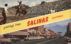 July Rodeo and Main Street Scene with Vintage Cars Postcard