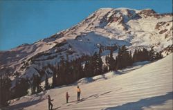 Mount Rainier in Winter with Skiers Postcard