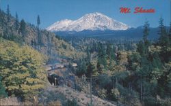 Mount Shasta and Train in Fall from Dunsmuir Postcard