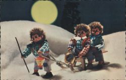 Mecki Style Hedgehogs Sledding in Snow with Lantern Postcard