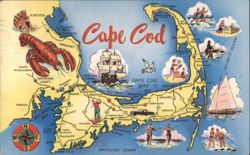 Illustrated Map of Cape Cod with Local Landmarks Postcard