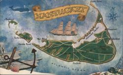 Illustrated Map of Nantucket Island with Nautical Theme Postcard