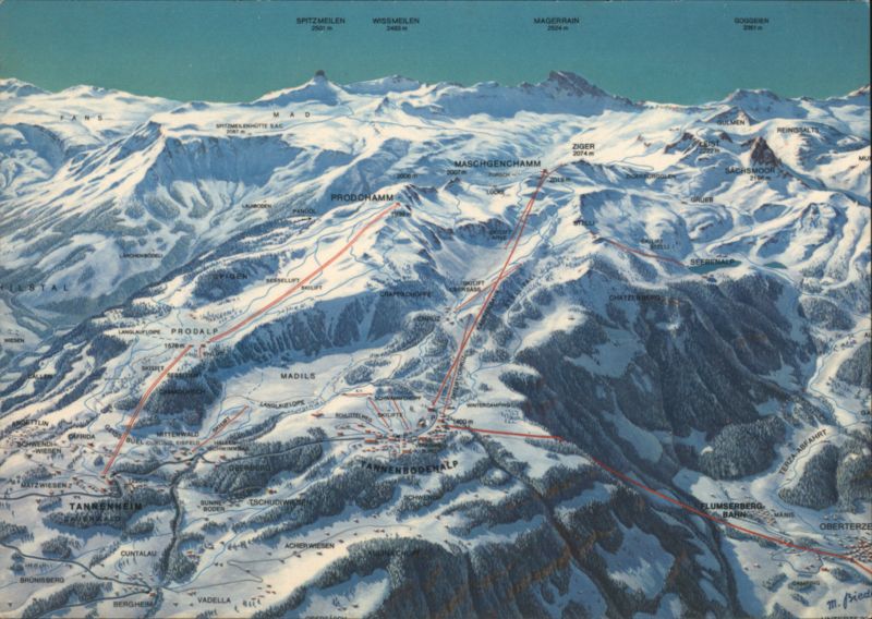 Flumserberge Ski Area Illustrated Bird's-Eye View Map Switzerland