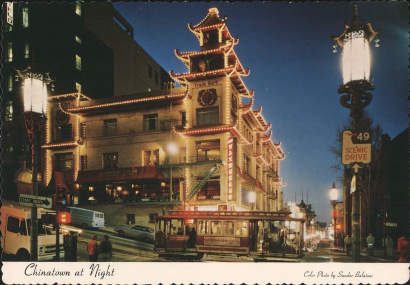 Chinatown at Night with Cable Car and Pagoda Architecture San Francisco California