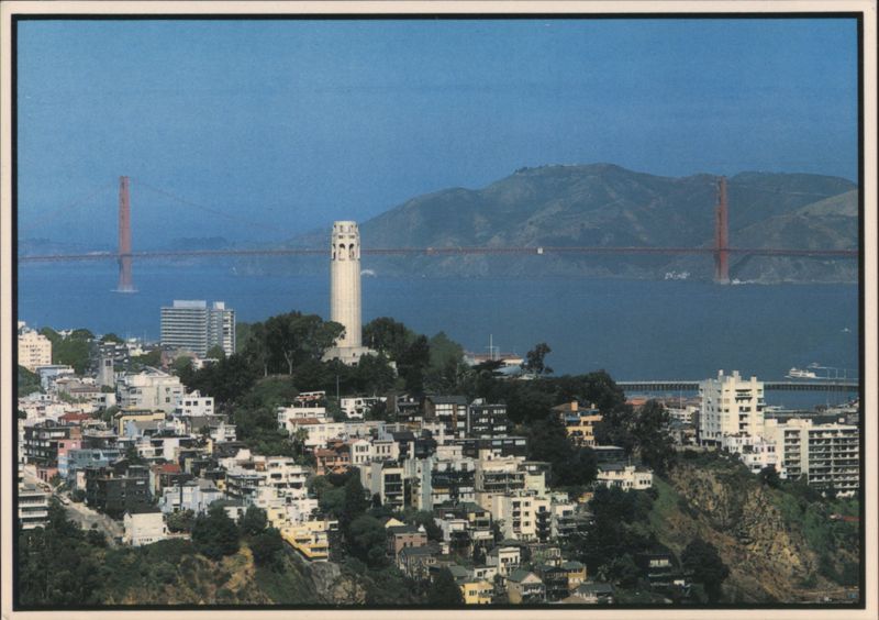 Coit Tower on Telegraph Hill and Golden Gate Bridge San Francisco California