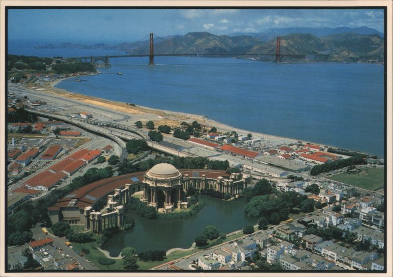Palace of Fine Arts and Golden Gate Bridge Aerial View San Francisco California