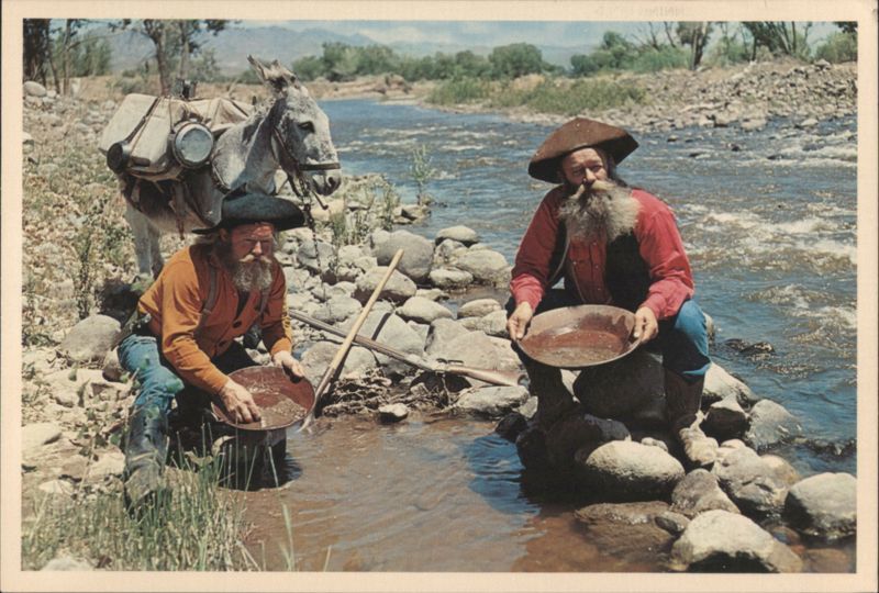 Gold Prospectors Panning in River with Pack Donkey