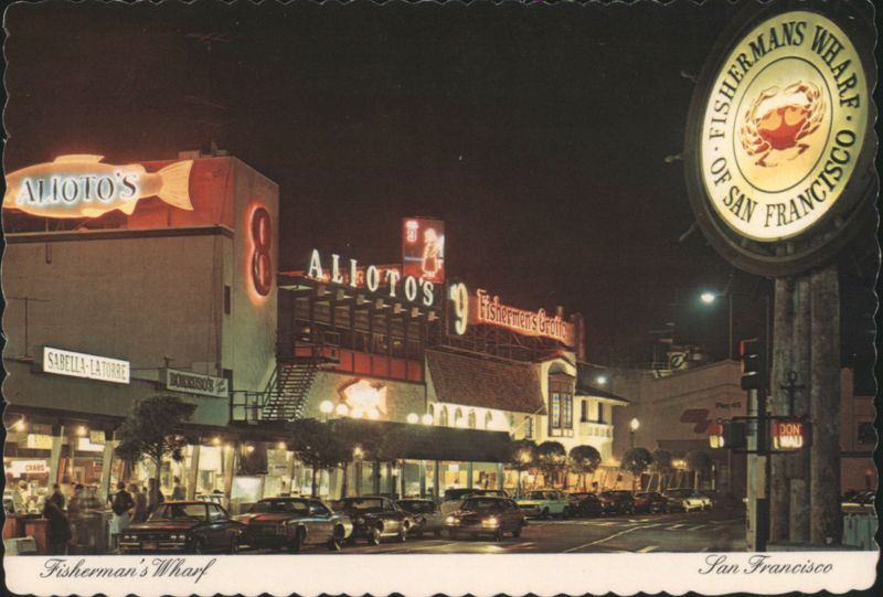 Fisherman's Wharf Night Scene with Alioto's Neon Signs San Francisco California