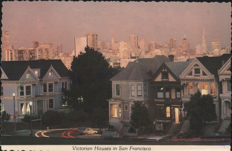 Old and New San Francisco Victorian Houses and Skyline California