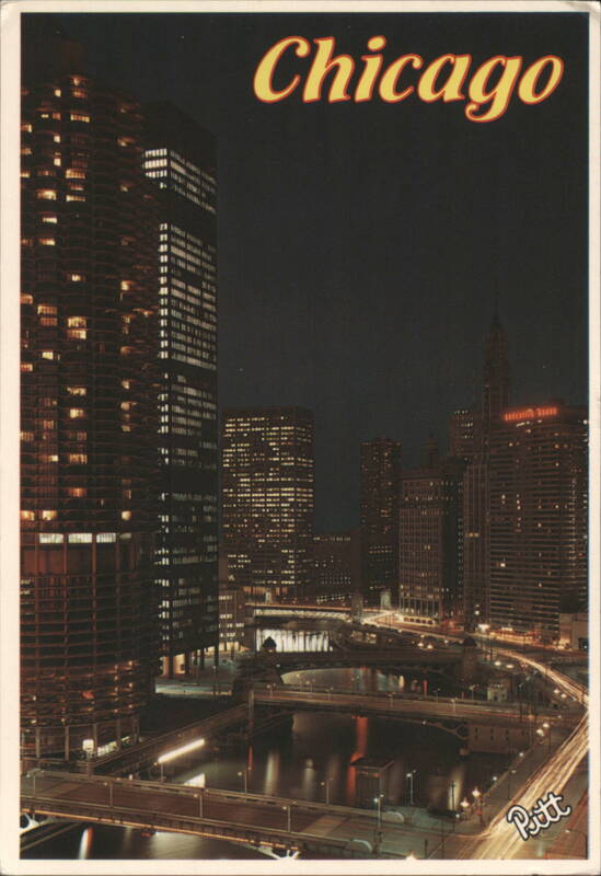Evening Lights on Chicago River and Marina City Illinois
