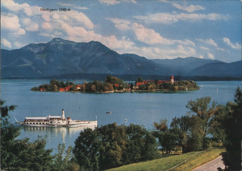 Fraueninsel with Hochgern and Paddle Steamer, Chiemsee Germany