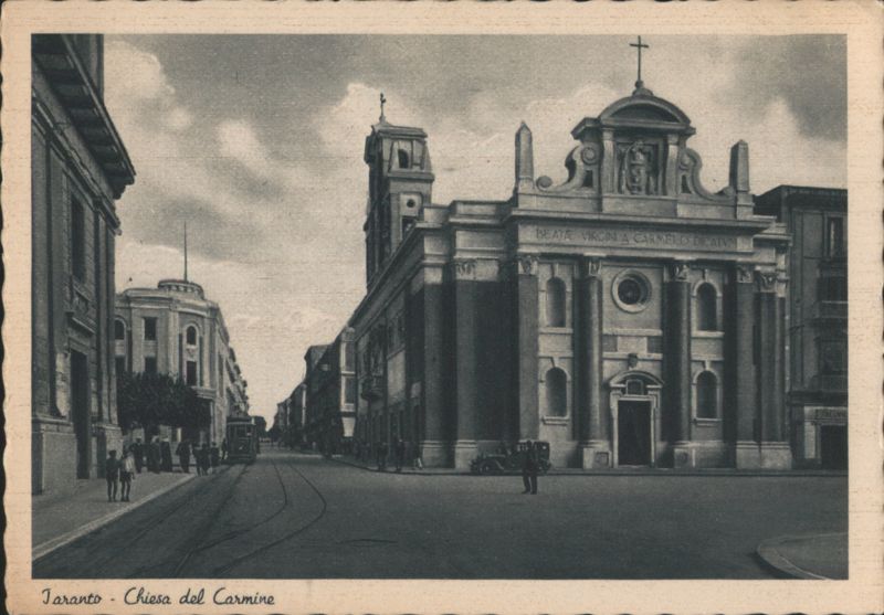 Chiesa del Carmine and Street Scene with Tram Taranto Italy