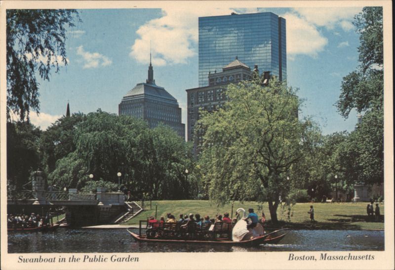 Swanboat in the Public Garden with John Hancock Tower Boston Massachusetts