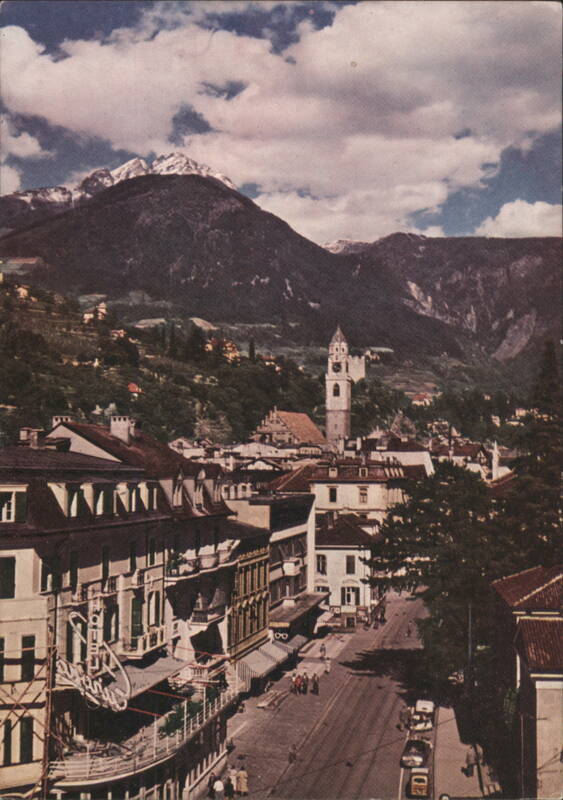 Main Street with Cathedral and Mount Ifinger Merano Italy