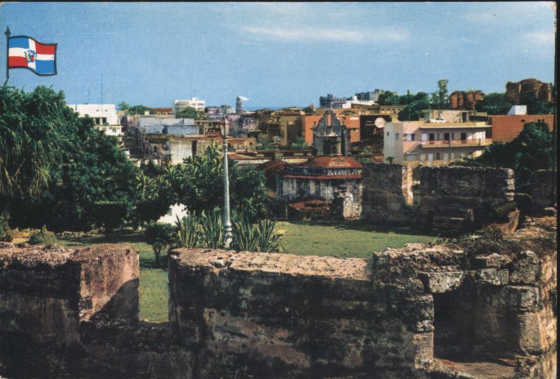 Ciudad Colonial Ruins and City Skyline with Flag Santo Domingo Dominican Republic