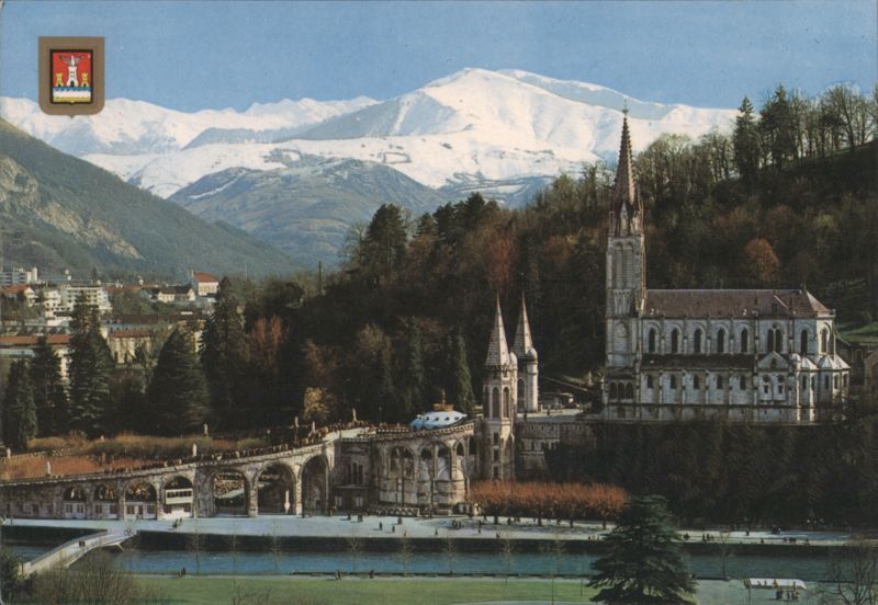 Basilica and Pyrenees Mountains from Convent of Assumption Lourdes France