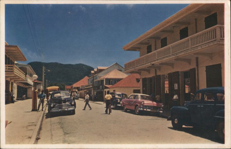 Main Street with Classic Cars and Colonial Buildings Marigot Saint Martin