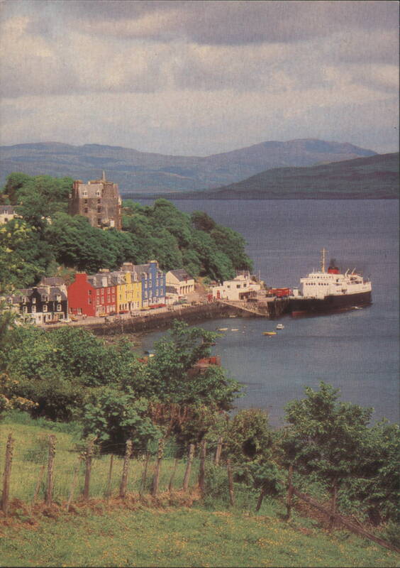 Tobermory Harbor with Steamer and Colorful Waterfront Tobermory, Argyll Scotland