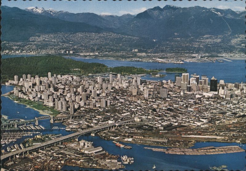 Aerial View of Downtown, Burrard Inlet & North Shore Mountains Vancouver BC Canada