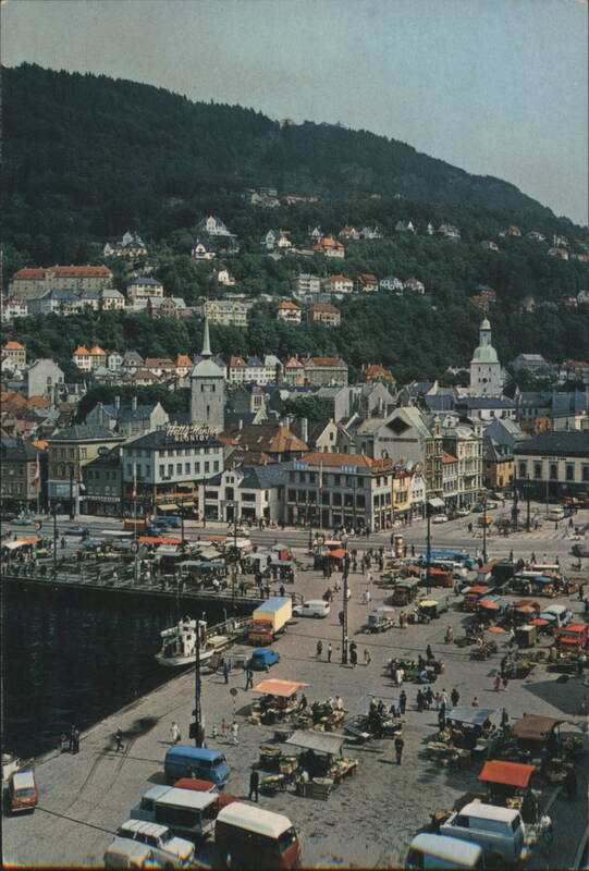 Torget Market Square and Fløyfjellet Hillside Bergen Norway