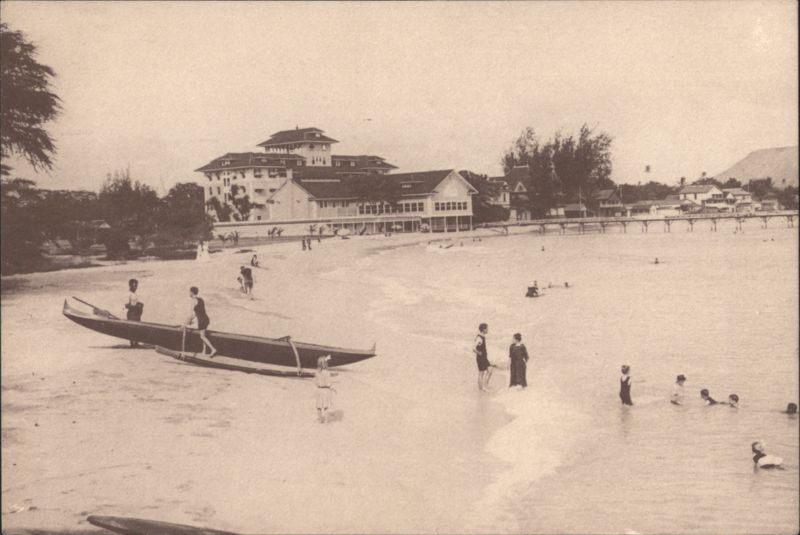 Moana Hotel and Waikiki Beach with Outrigger Canoe, 1903 Honolulu Hawaii