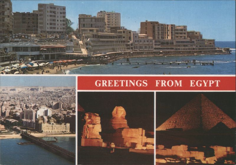 Stanley Beach, Pyramid of Keops, Sphinx & El Tahrir Bridge Alexandria, Giza, Cairo Egypt