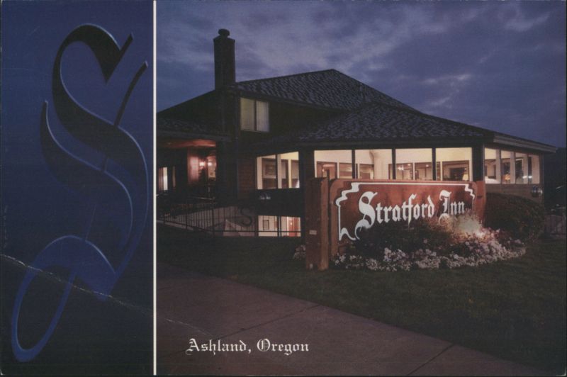 Stratford Inn Exterior and Illuminated Sign at Night Ashland Oregon