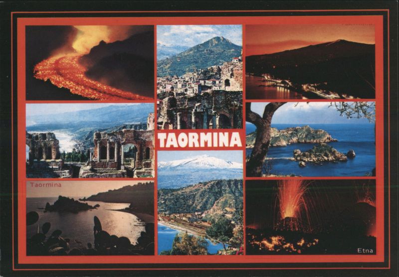 Multi-View of Taormina and Mount Etna Eruptions Italy