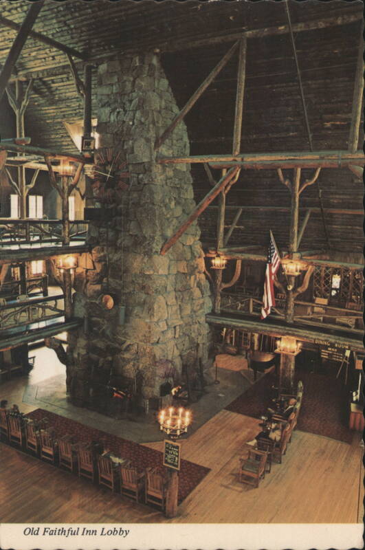 Old Faithful Inn Lobby with Massive Stone Fireplace Yellowstone National Park Wyoming