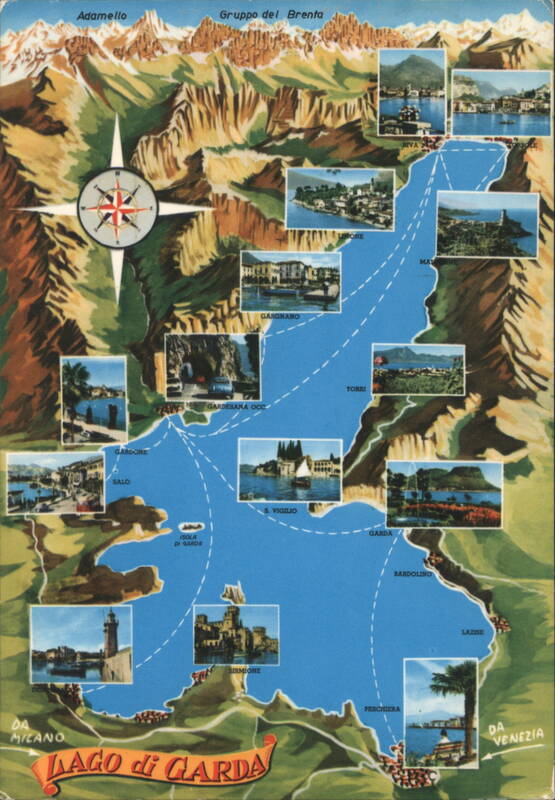 Map and Scenic Views of Lago di Garda with Town Insets Italy