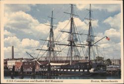 USS Constitution and Bunker Hill Monument Postcard
