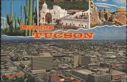 Downtown Tucson Aerial View, San Xavier del Bac & Saguaros Postcard