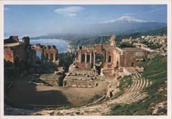 Ancient Greek Theatre with Mount Etna and Coastline Postcard