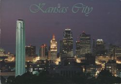 Liberty Memorial and Downtown Skyline at Night Postcard