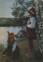 Girls in Malungsdräkt Traditional Swedish Folk Costumes Postcard