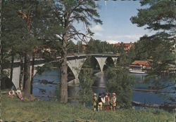 Bridge over Dalälven and Children in Folk Costumes Postcard