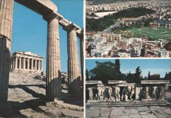 Parthenon, Bacchus Theatre Bas-reliefs & Athens View Postcard